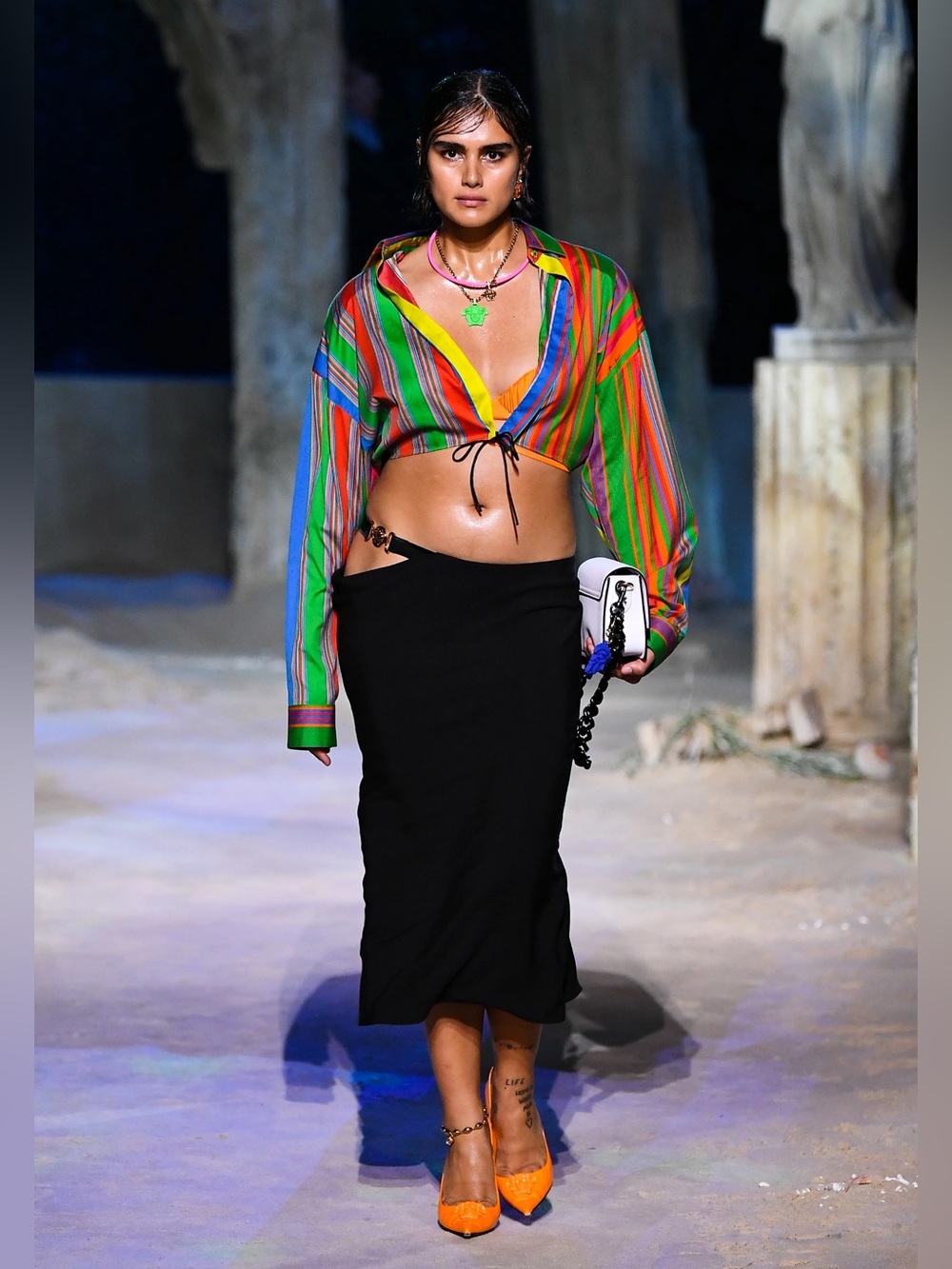 VERSACE 2021 Runway gold Medusa Medallion Coin cut out draped skirt